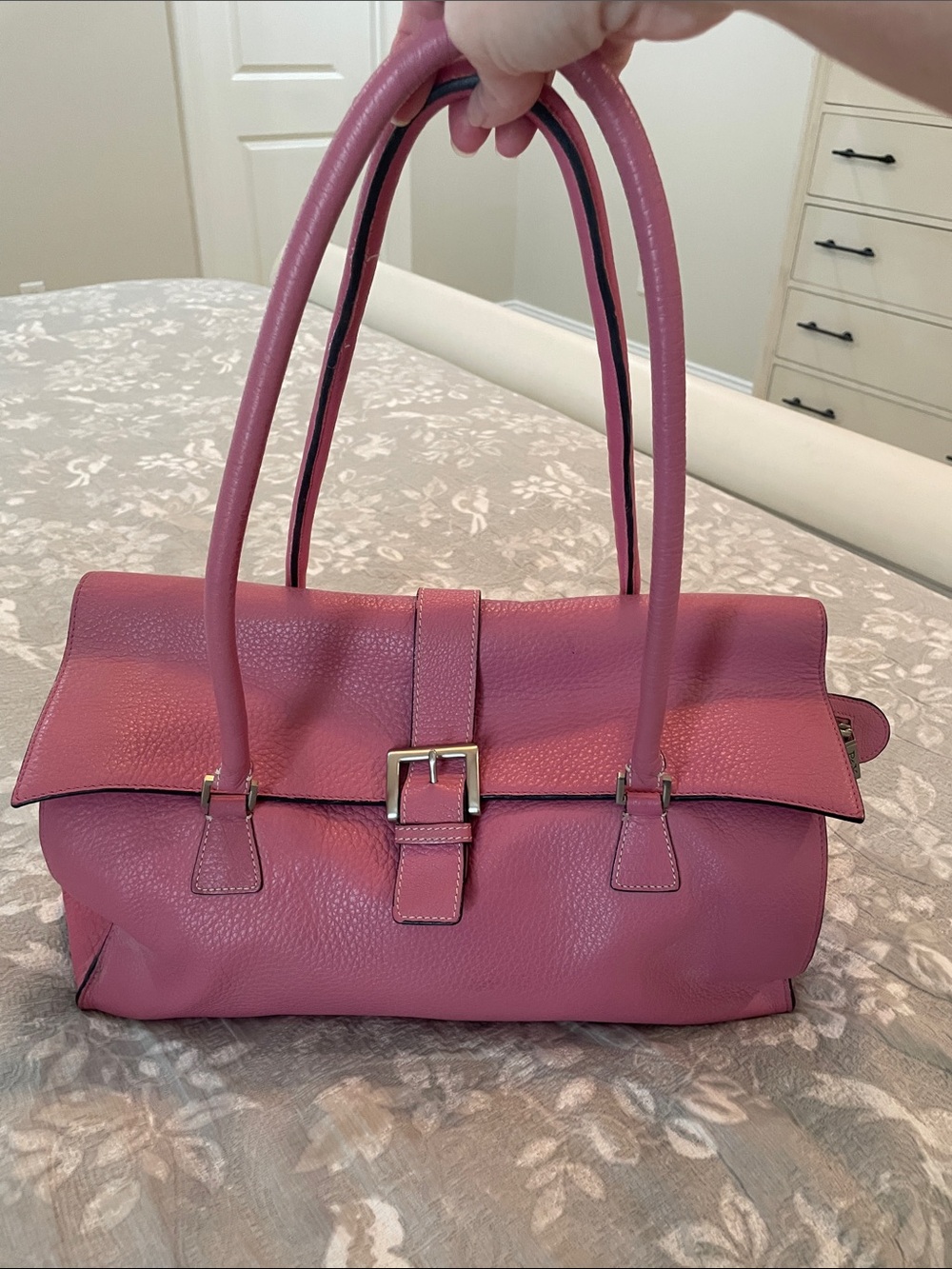 Preston & York Retro Pink Pebbled Large Leather Shoulder Satchel